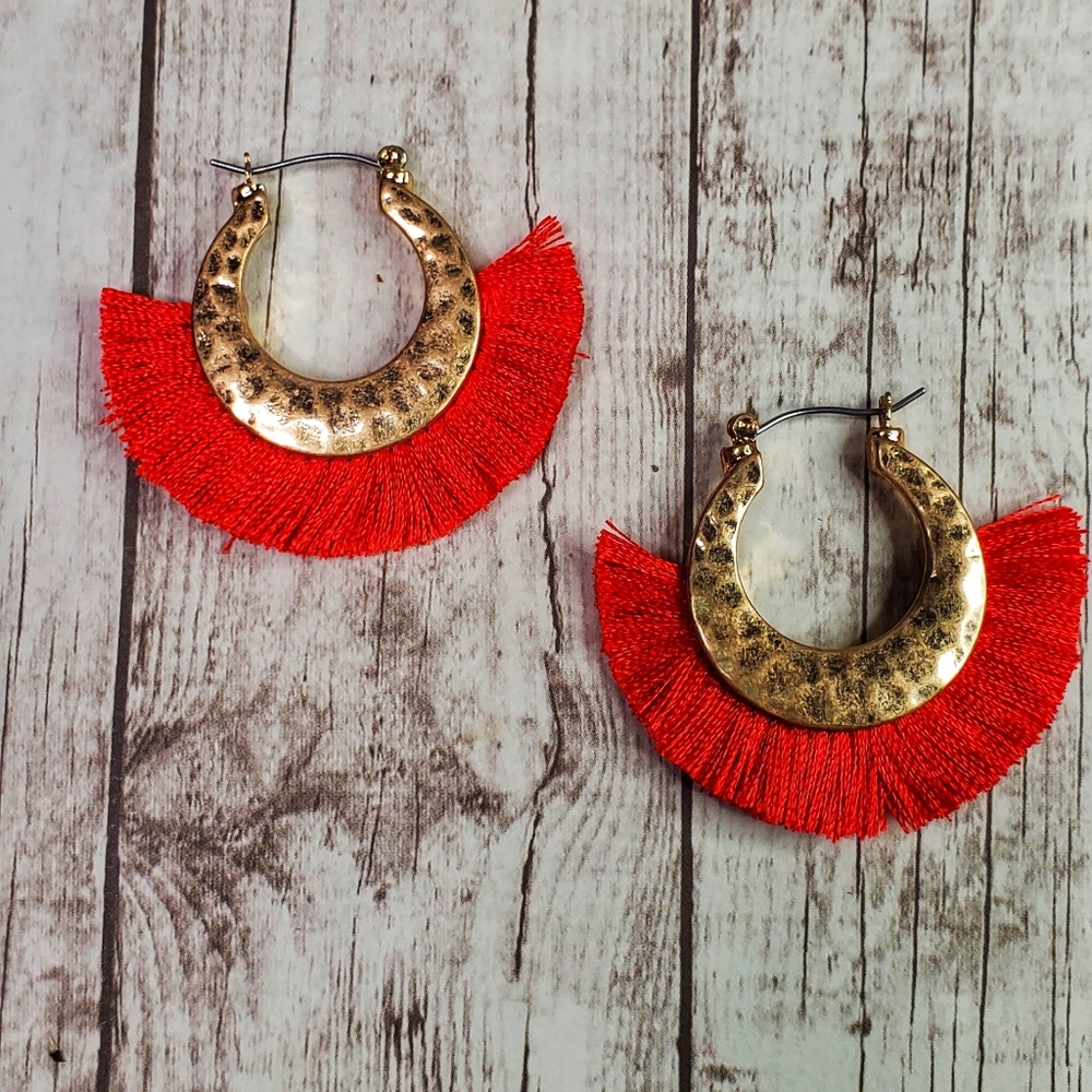 Red tassel fan crescent shape earrings